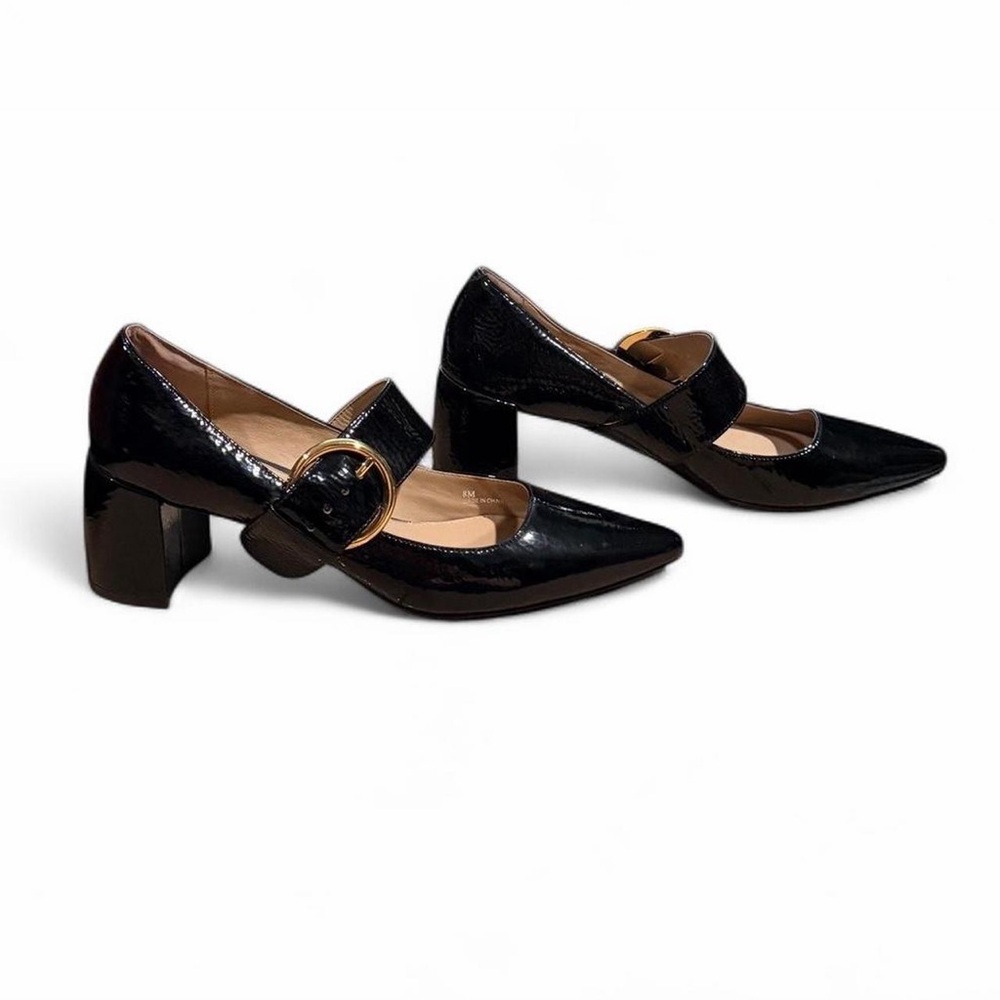 Linea Paolo Black Patent Mary Jane Block Heel Pumps with Gold Buckle